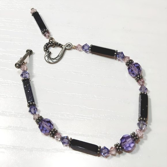 Vintage Jewelry - Silver tone Purple Goldstone Faceted Crystal Bead Bracelet Handmade Y2K Vintage